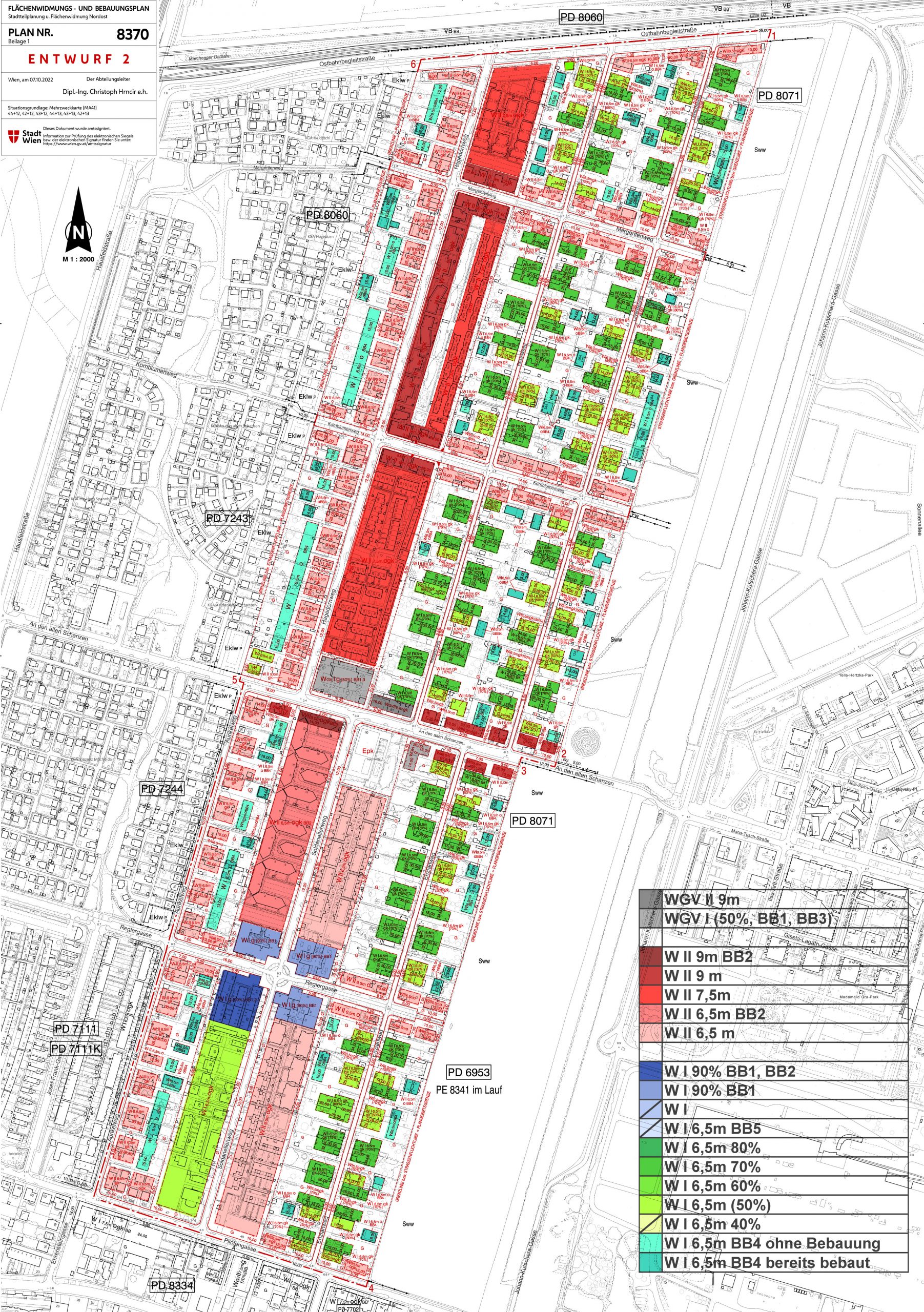 Farblich hervorgehobene Bauklassen im zweiten Entwurf der neuen Bebauungsbestimmungen